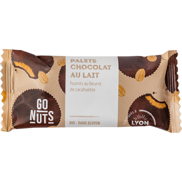 Go Nuts -- Présentoir de palets chocolat lait fourrage beurre de cacahuètes bio - Sachets de 2 x 14