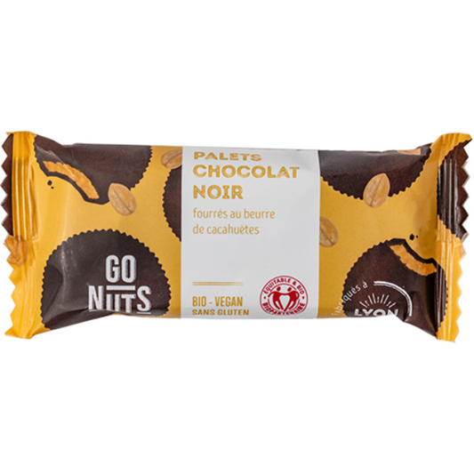 Go Nuts -- Présentoir de palets chocolat noir fourrage beurre de cacahuètes bio - Sachets de 2 x 14