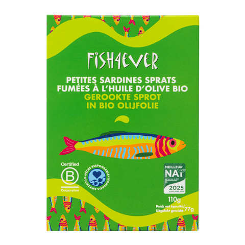 Fish4ever -- Petites sardines (spratts) fumées à l'huile d'olive bio - 110 g