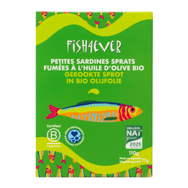 Fish4ever -- Petites sardines (spratts) fumées à l'huile d'olive bio - 110 g