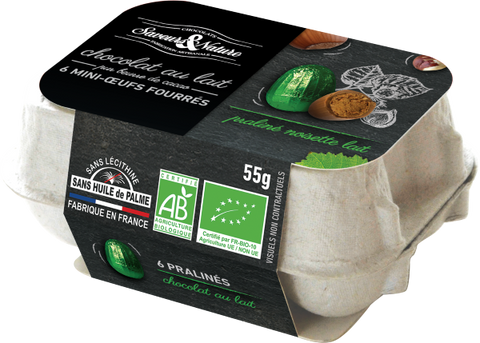 Pré-commandes Pâques - Boîte de 6 petits œufs bio pralinés noisette enrobés de chocolat au lait - 1
