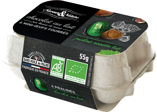 Pré-commandes Pâques - Boîte de 6 petits œufs bio pralinés noisette enrobés de chocolat au lait - 1
