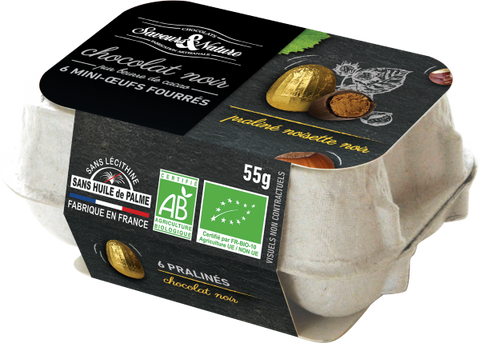 Pré-commandes Pâques - Boîte de 6 petits œufs bio pralinés noisette enrobés de chocolat noir - 1