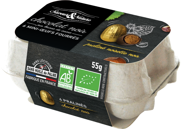 Pré-commandes Pâques - Boîte de 6 petits œufs bio pralinés noisette enrobés de chocolat noir - 1