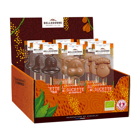Pré-commandes Pâques - Présentoir de 50 sucettes animaux chocolat bio (35 lait - 15 noir) - 1