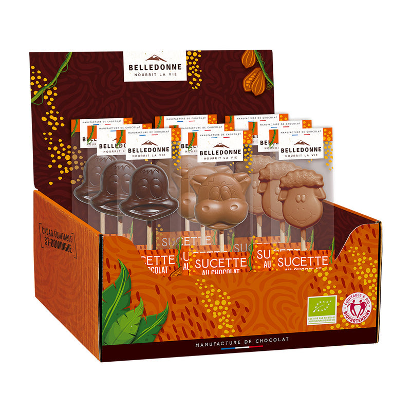Pré-commandes Pâques - Présentoir de 50 sucettes animaux chocolat bio (35 lait - 15 noir) - 1