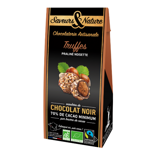 Pré-commandes noël Ballotin de truffes praliné noisette enrobées de chocolat noir bio - 1