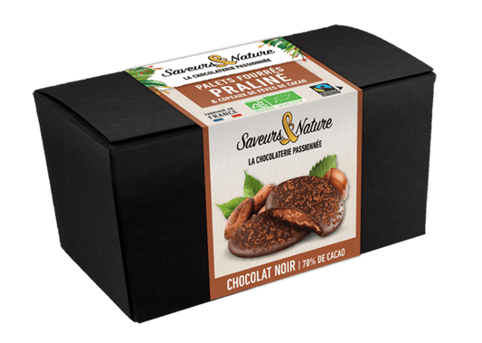 Pré-commandes noël Ballotin palets de chocolat noir cœur praliné et copeaux de fèves de cacao bio - 1