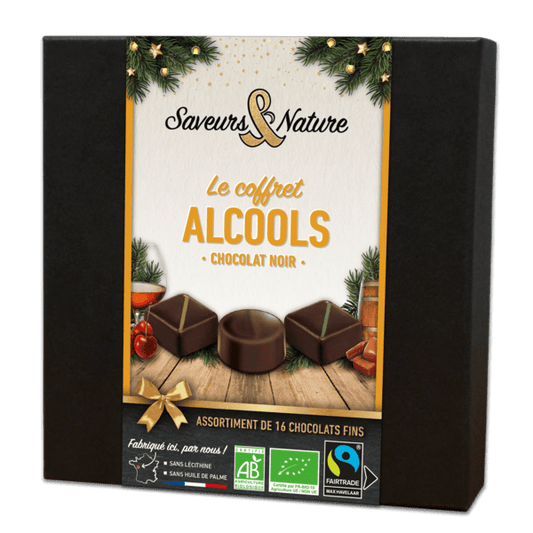 Pré-commandes noël Coffret assortiment de 16 chocolats noirs bio aux alcools - 1