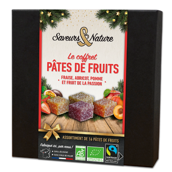 Pré-commandes noël Coffret assortiment de 16 pâtes de fruits bio (fraise, abricot, passion, pomme) - 1