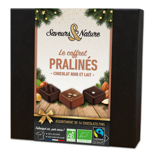 Pré-commandes noël Coffret assortiment de 16 pralinés enrobés de chocolat noir et lait bio - 1