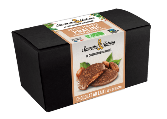 Pré-commandes noël ballotin palets de chocolat au lait cœur praliné et copeaux de fèves de cacao - 1