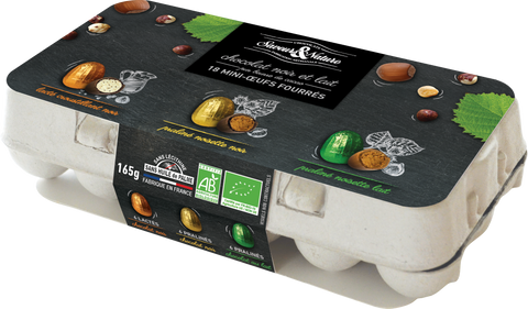 Pré-commandes pâques - boite de 18 petits œufs praliné noisette enrobés de chocolat noir et lait et petits œufs lacté croustillant enrobés de chocolat noir - 1