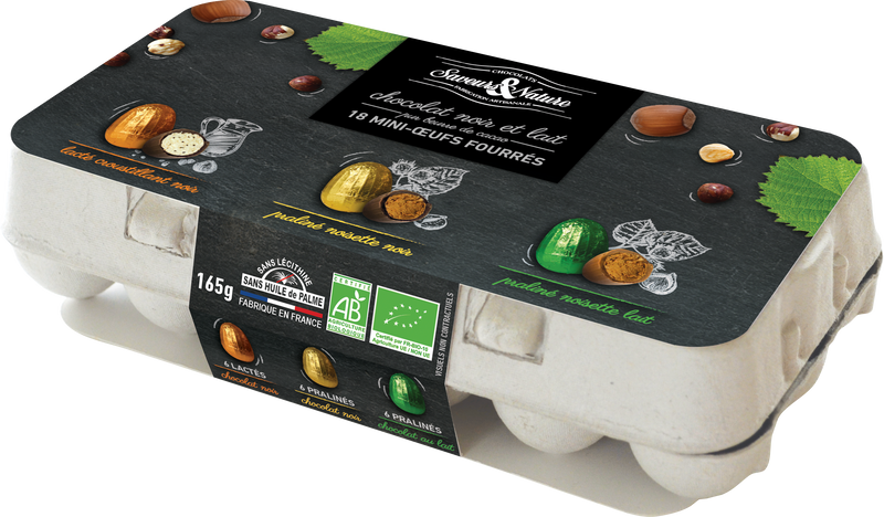 Pré-commandes pâques - boite de 18 petits œufs praliné noisette enrobés de chocolat noir et lait et petits œufs lacté croustillant enrobés de chocolat noir - 1