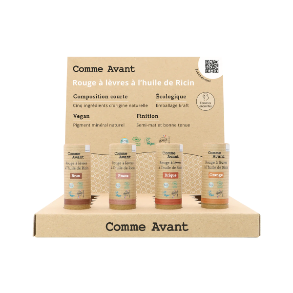 Comme Avant -- Présentoir de 16 rouges à lèvres à l’huile de ricin + 4 produits de présentation offerts