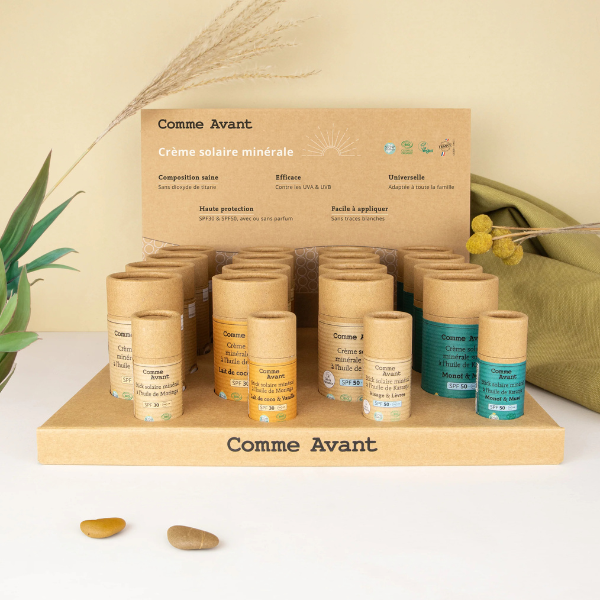 Présentoir de 16 crèmes solaires Sans Parfum, Lait de coco & Vanille, Monoï & Musc + 4 testeurs - 1