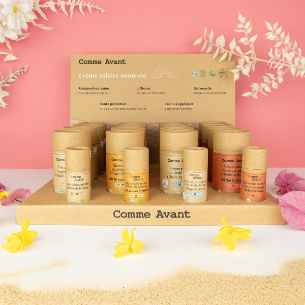 Présentoir de 16 crèmes solaires Sans Parfum, Lait de coco & Vanille, Pêche & Abricot + 4 testeurs - 1