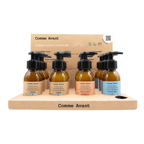 Présentoir de 16 crèmes solaires liquides spf50 - 8 vanille + 4 monoï & musc + 4 pêche & abricot - 1