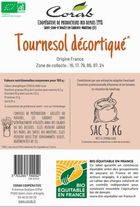Tournesol décortiqués Bio Equitable en France - 2