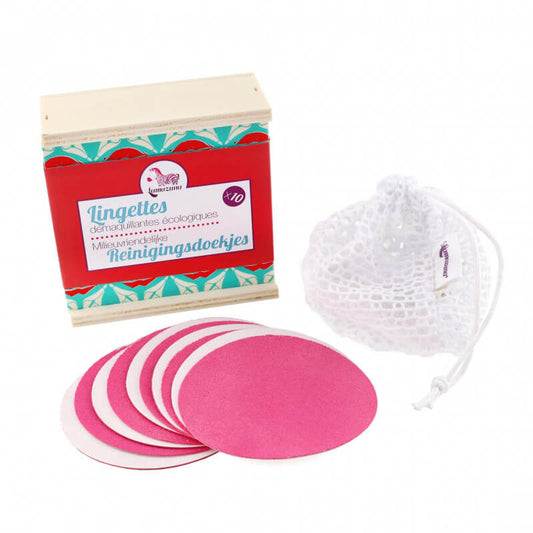 Lamazuna -- Coffret 10 lingettes démaquillantes (Rose/blanc) + filet de lavage