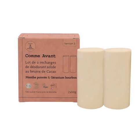 Comme Avant -- Déodorant solide au beurre de cacao menthe poivrée et géranium (recharges) - 2x60g