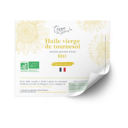 Terre De Sens -- Contre-étiquette de l'huile de tournesol vierge france bio - Lot de 50