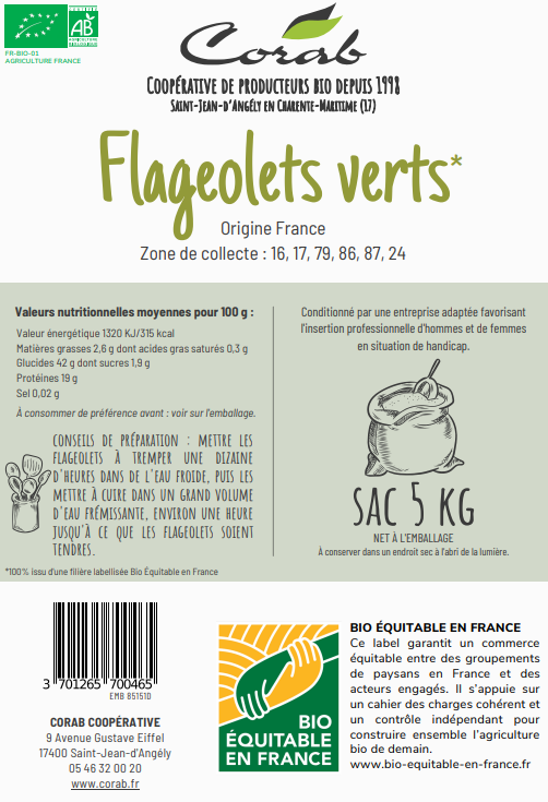 Corab Coopérative -- Flageolets verts Bio Equitable en France Vrac (origine France) - 5 kg