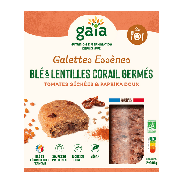 Gaia -- Galettes essènes blé, lentilles corail germées, tomates, paprika bio - 2 x 100 g