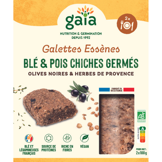 Gaia -- Galettes Essènes de blé & pois chiches germés, olives noires & herbes de Provence bio - 2 x 100 g