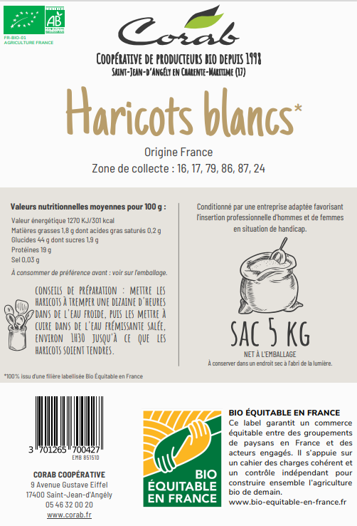 Corab Coopérative -- Haricots blancs lingots Bio Equitable en France  Vrac (origine France) - 5 kg