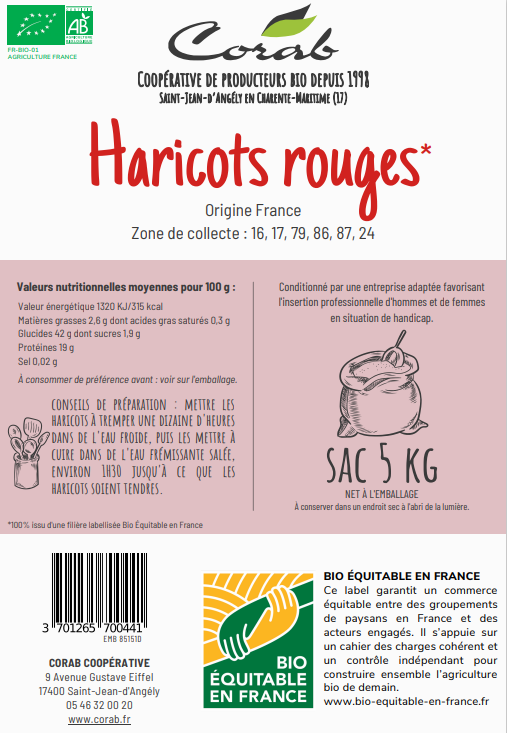 Corab Coopérative -- Haricots rouges Bio Equitable en France Vrac (origine France) - 5 kg