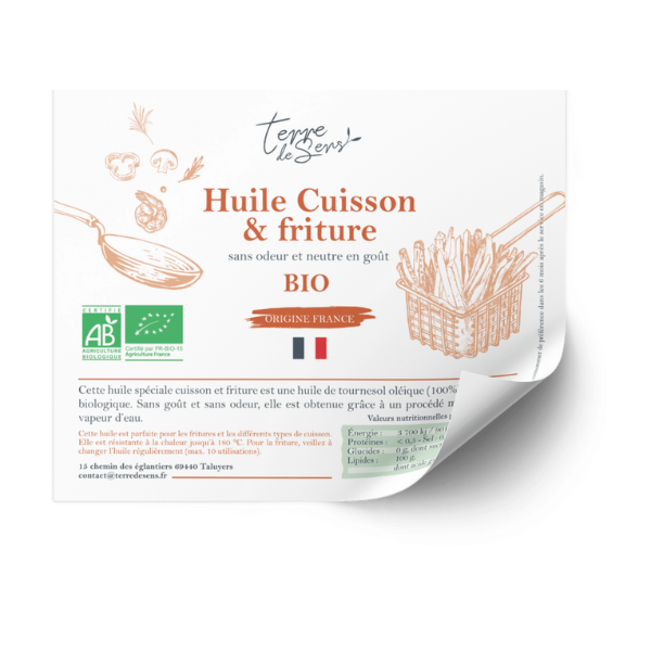 Terre De Sens -- Contre-étiquette de l'huile cuisson & friture tournesol vierge désodorisée france bio - Lot de 50