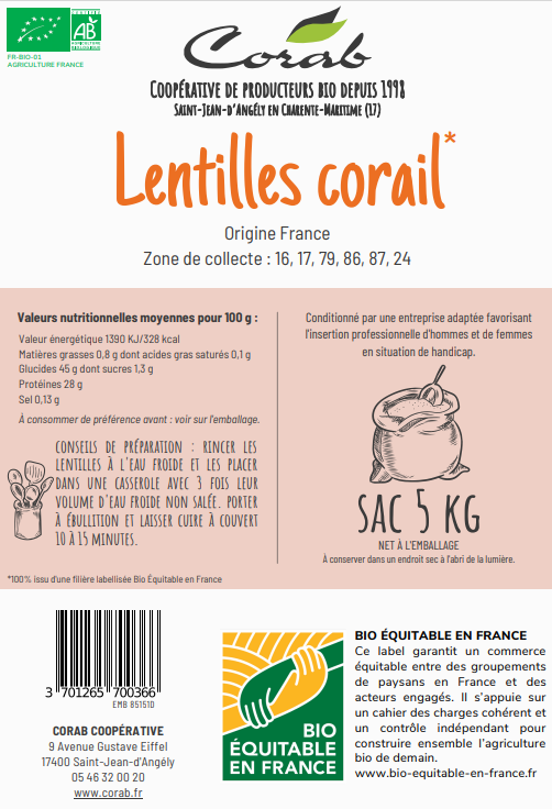 Corab Coopérative -- Lentilles corail Bio Equitable en France Vrac (origine France) - 5 kg