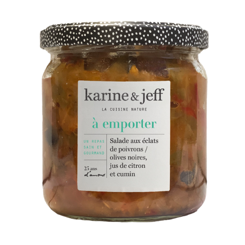 Salade aux éclats de poivrons compotés / olives noires, jus de citron et cumin - 1