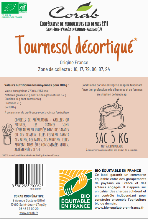 Corab Coopérative -- Tournesol décortiqués Bio Equitable en France Vrac (origine France) - 5 kg