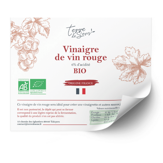 Terre De Sens -- Contre-étiquette du vinaigre de vin rouge france bio - Lot de 50