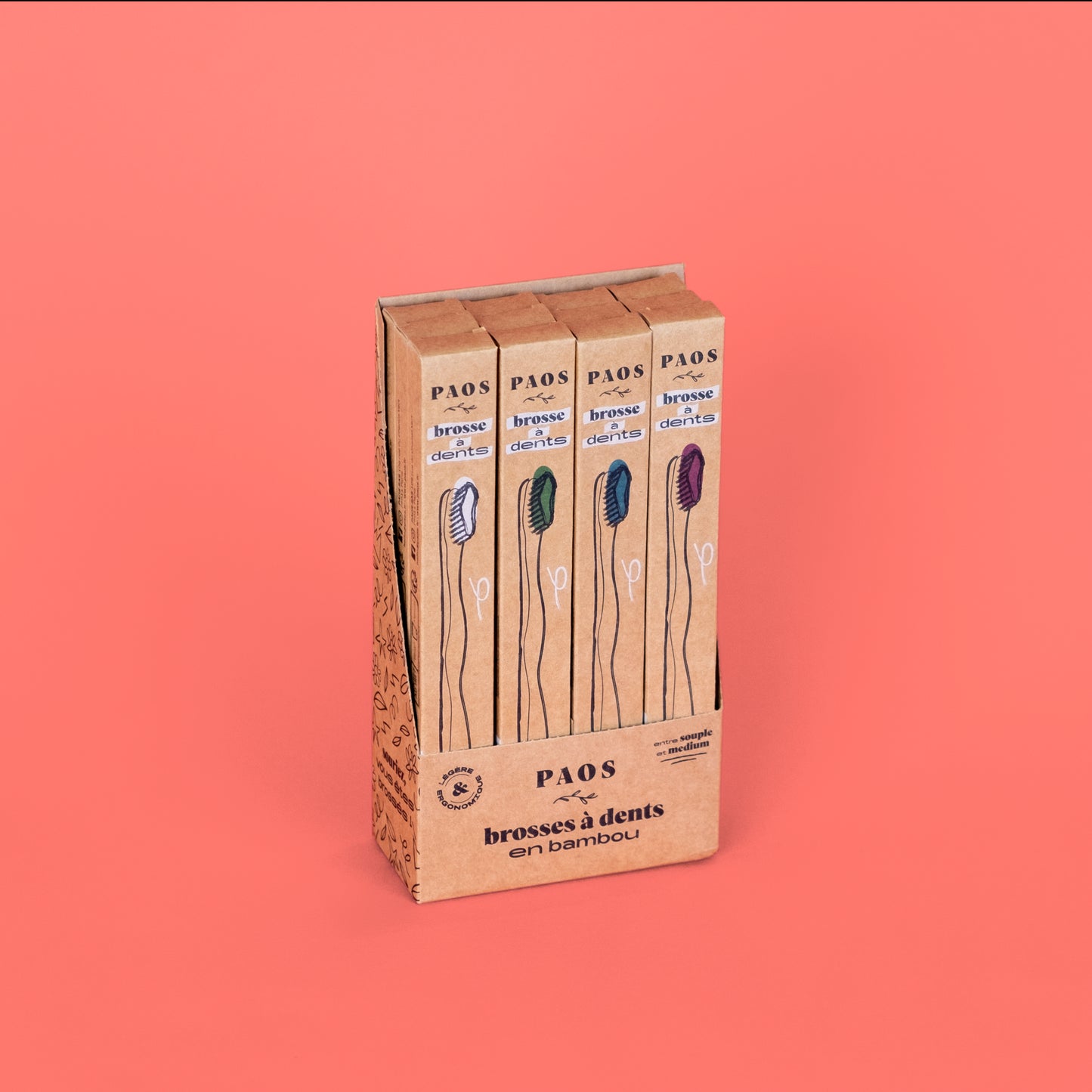 Paos -- Brosses à dents en bambou 4 coloris - Présentoir x12