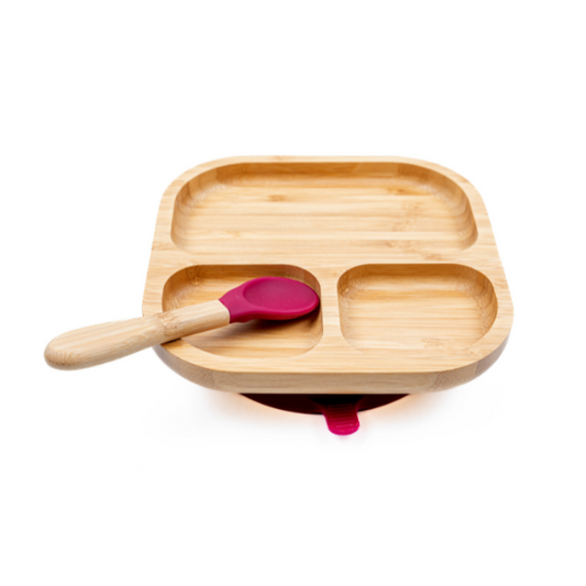 Cap Bambou -- Set assiette + cuillère bambou et silicone bordeaux (3 compartiments)