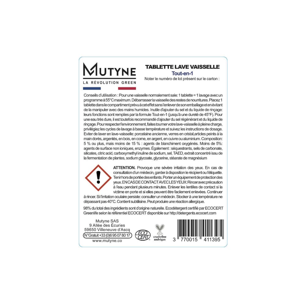 Mutyne -- Etiquettes tablettes lave vaisselle tout en 1 - Rouleau de 50 étiquettes