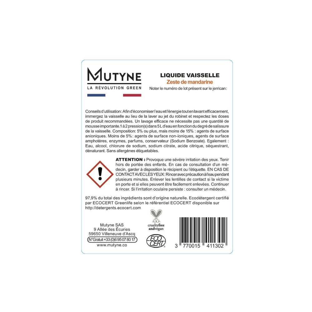 Mutyne -- Etiquettes liquide vaisselle zeste de mandarine - Rouleau de 50 étiquettes