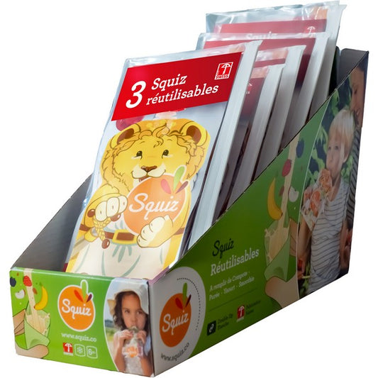 Squiz -- Présentoir de 8 lots de 3 gourdes carnaval réutilisables + 1 squiz'zip - 130 mL