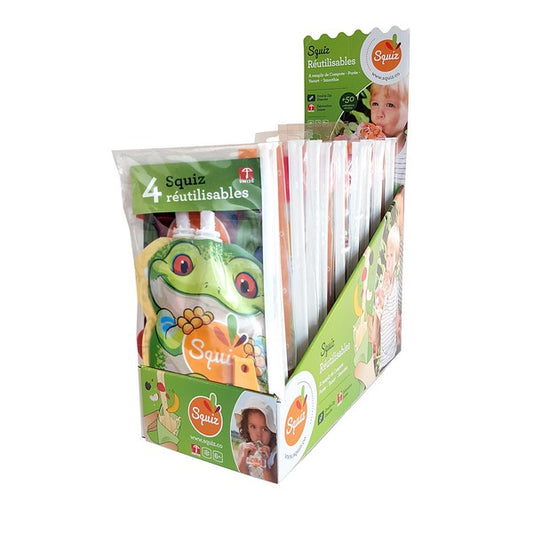 Squiz -- Présentoir de 8 lots de 4 gourdes amazonie réutilisables + 1 squiz'zip - 130 mL