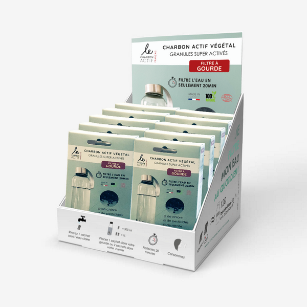 Le Charbon Actif Français -- Boîtes de 4 filtres à gourde de charbon actif végétal (prêt à vendre)