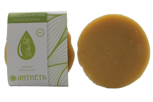 Antheya -- Après-shampoing solide lait de chèvre/citron/patchouli - brillance (bande papier) - 90 g