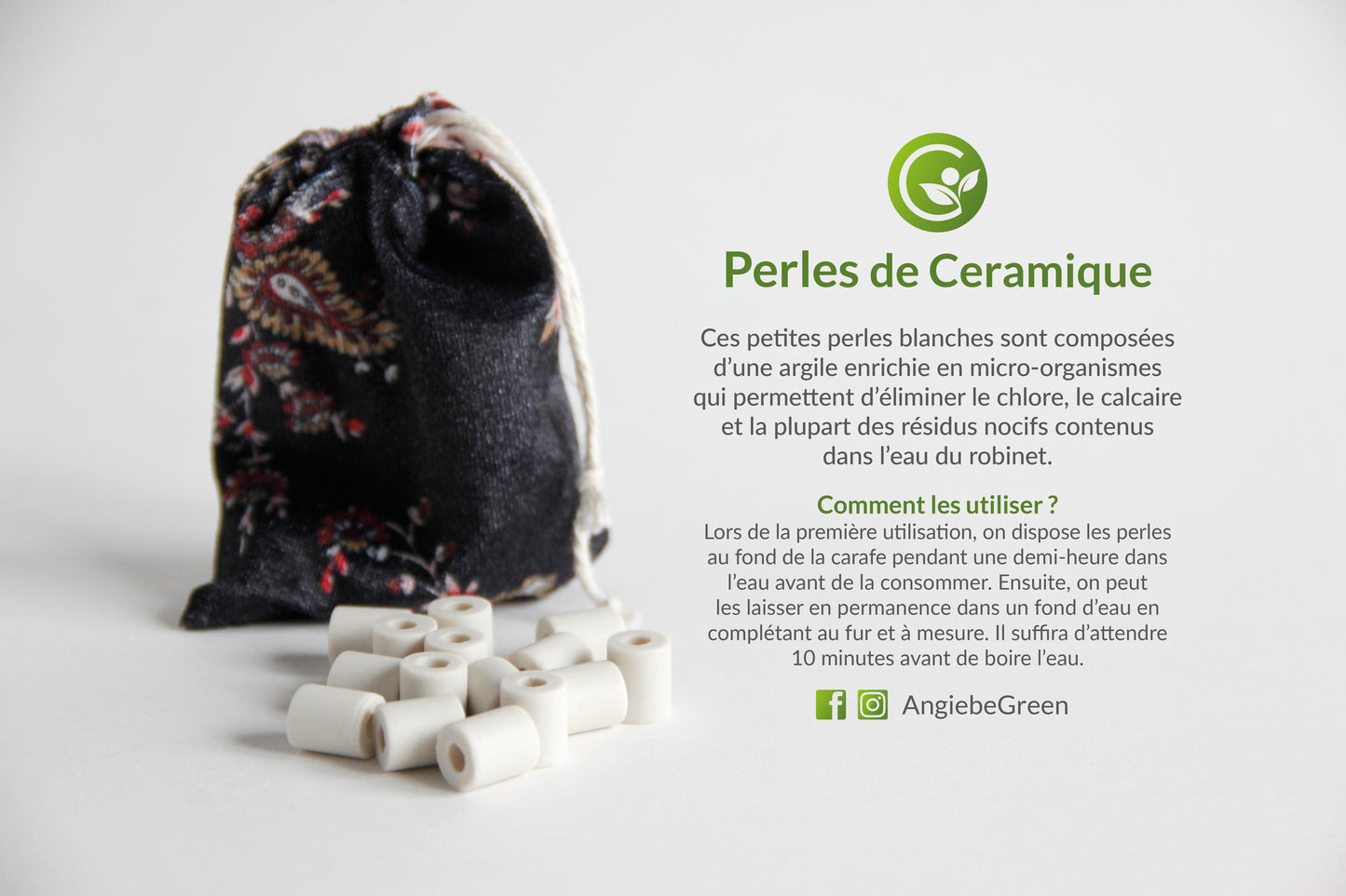 Angie Be Green -- Perles de céramique (dans pochon en coton bio) - lot de 15