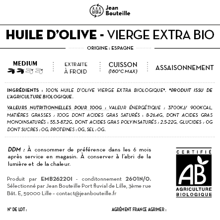 Jean Bouteille -- Contre étiquette - huile d'olive vierge extra - puissante - bio - Lot de 50