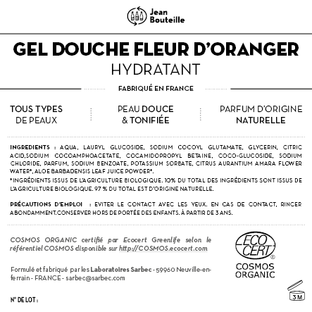 Jean Bouteille -- Contre étiquette gel douche fleur d'oranger tonifiant et hydratant  bib 10L - lot de 50
