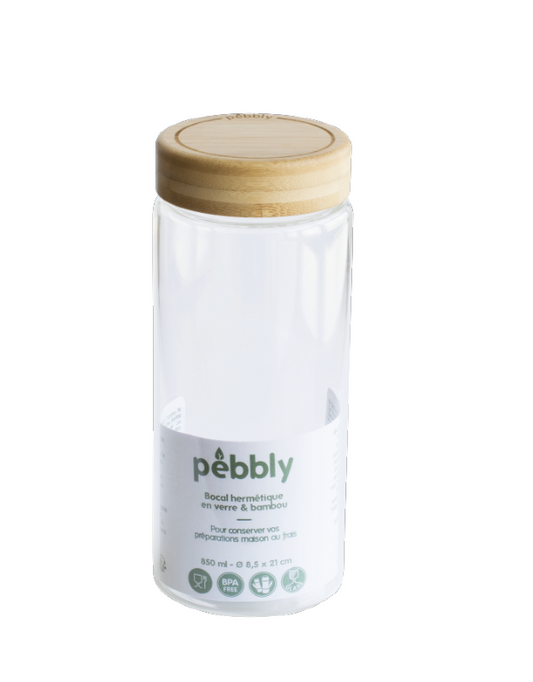 Pebbly -- Bocal rond en verre borosilicate avec couvercle à vis en bambou - 650 ml
