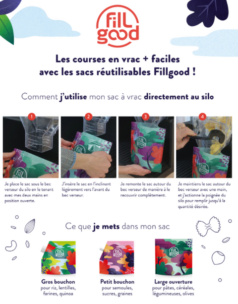 Fillgood -- Sacs à vrac réutilisables doseur petit bouchon (prêt à vendre) - 1,2L x 20