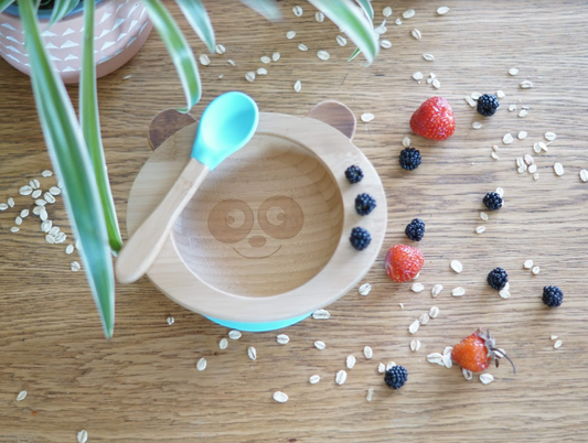 Cap Bambou -- Set de repas bébé bambou + silicone bleu (bol + cuillère)